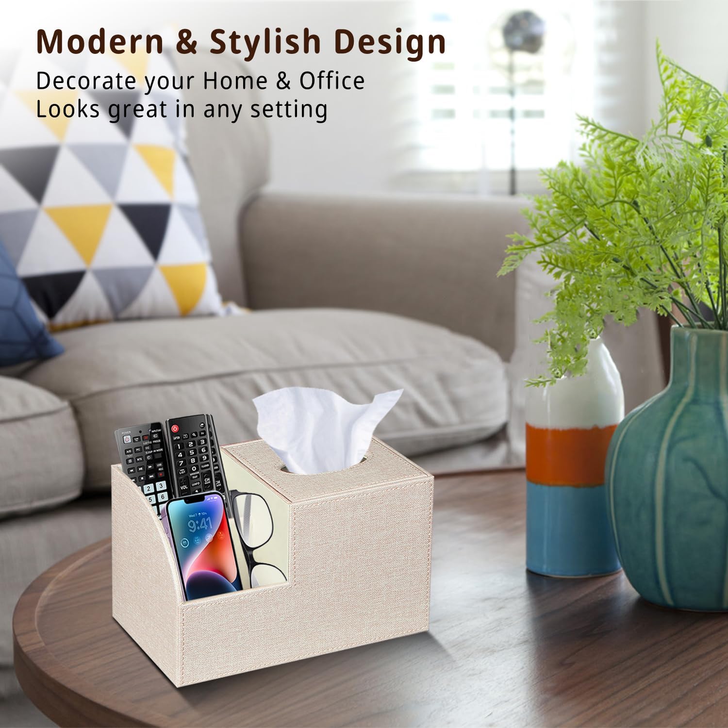 Bliance PU Leather Square Tissue Box Cover - Stylish Remote Control Organizer