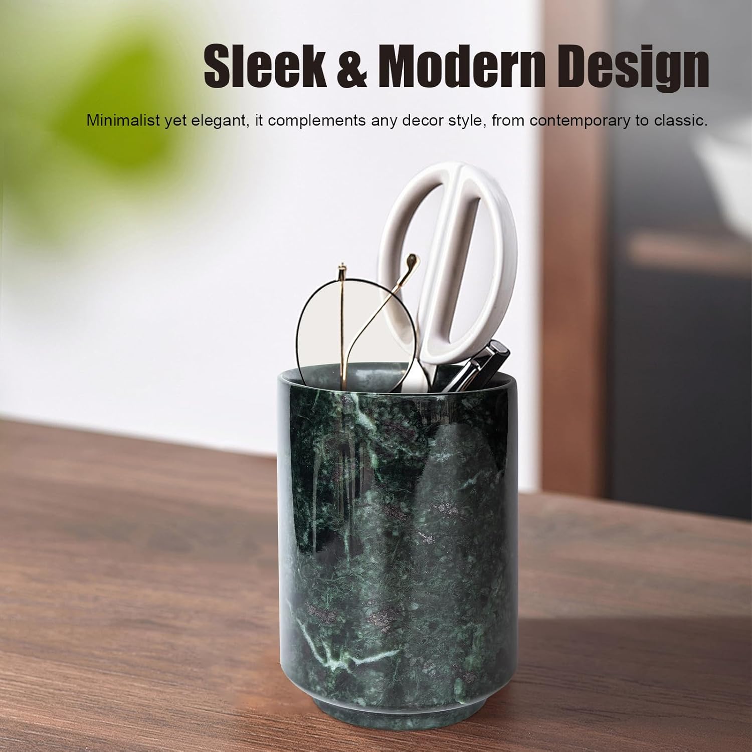 Natural Handcrafted Green Marble and Jade Pen Holder Organizer Cup Multi-Use