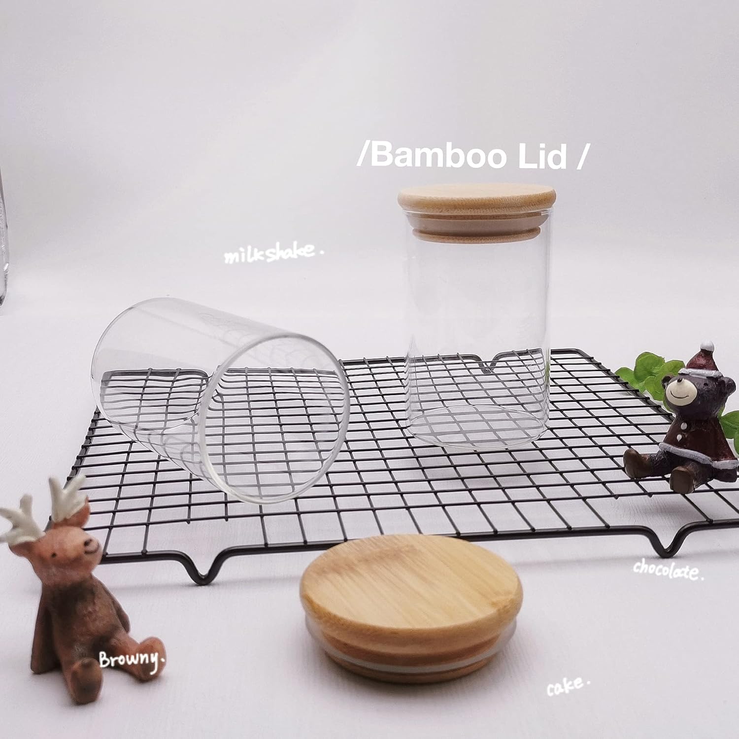 Two-Piece Glass Qtip Holder with Wood Lids for Bathroom Organization