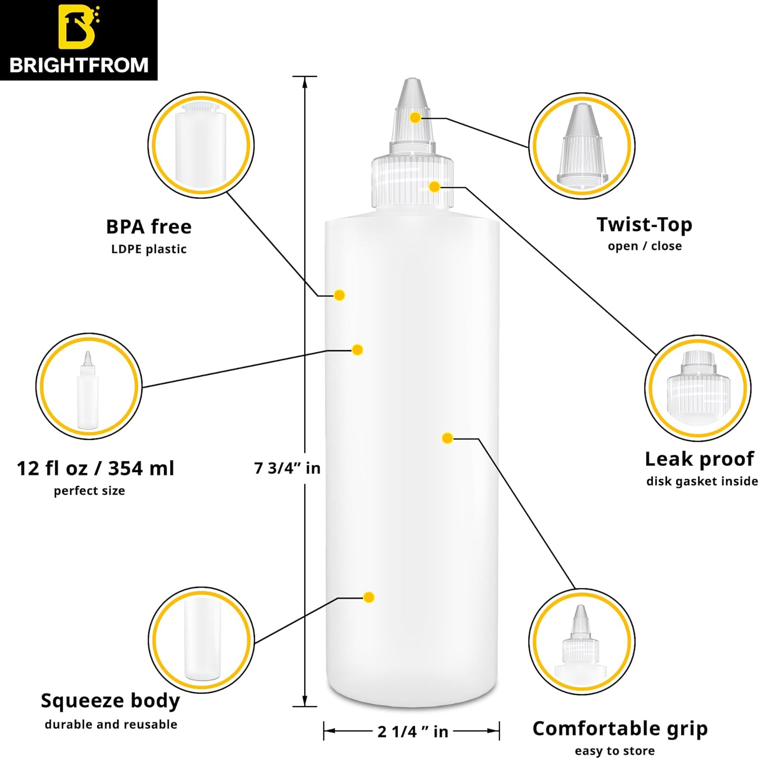 BrightFrom Squirt Bottle Set 12 oz Leak-Proof