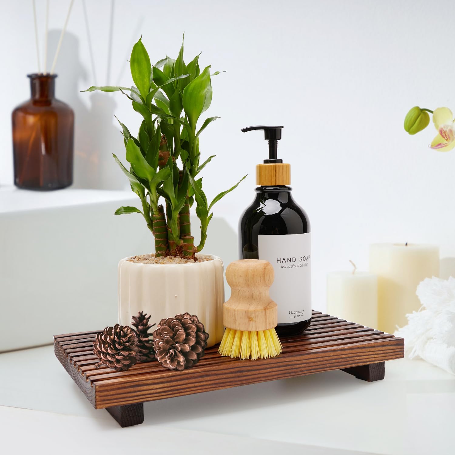 Renawe Wooden Bathroom Counter Tray with Soap Dispenser Holder