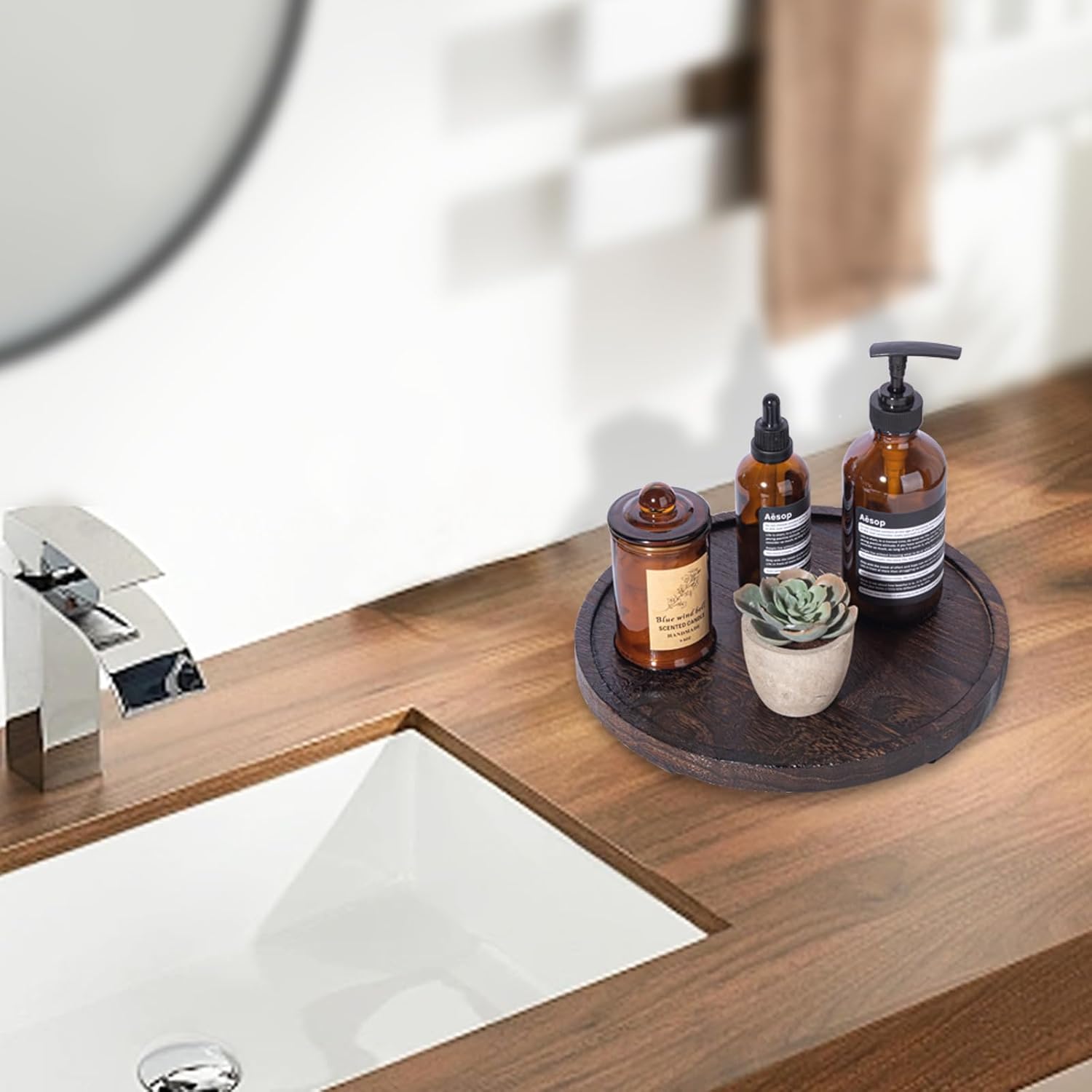 Round Wood Bathroom Organizer