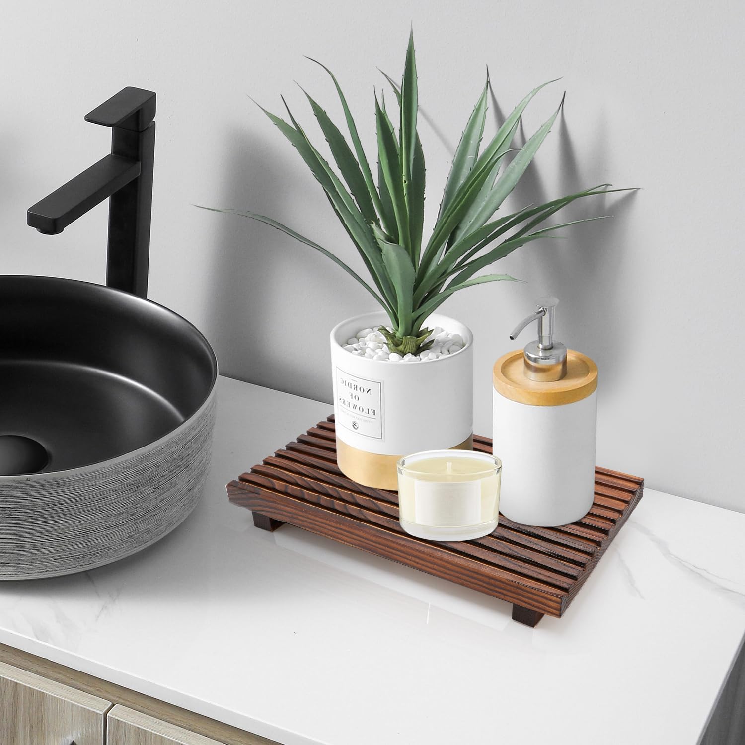 Renawe Wooden Bathroom Counter Tray with Soap Dispenser Holder