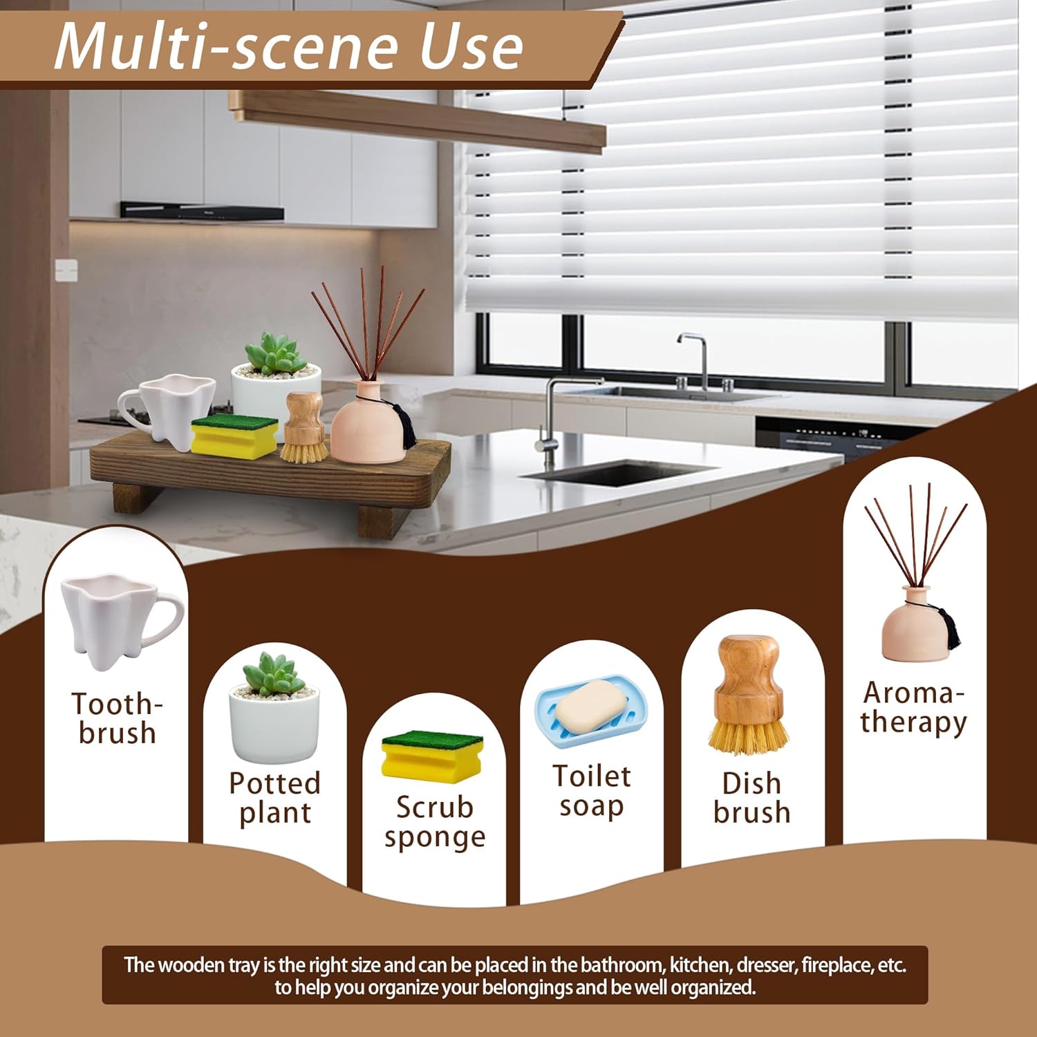 YITOBA Brown Wooden Bathroom Counter Tray