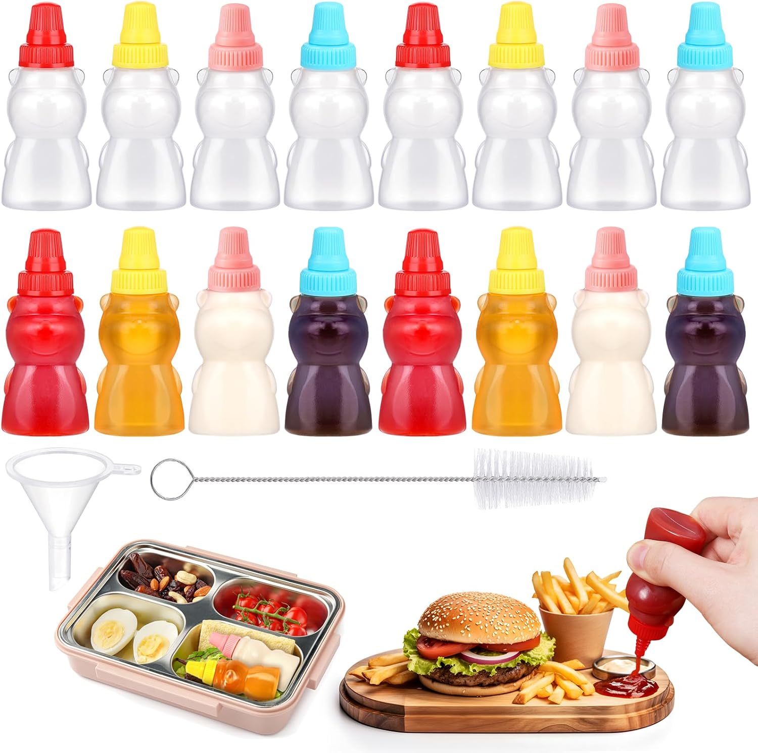 18 Piece Set of Mini Condiment Squeeze Bottles with Funnel for Lunch