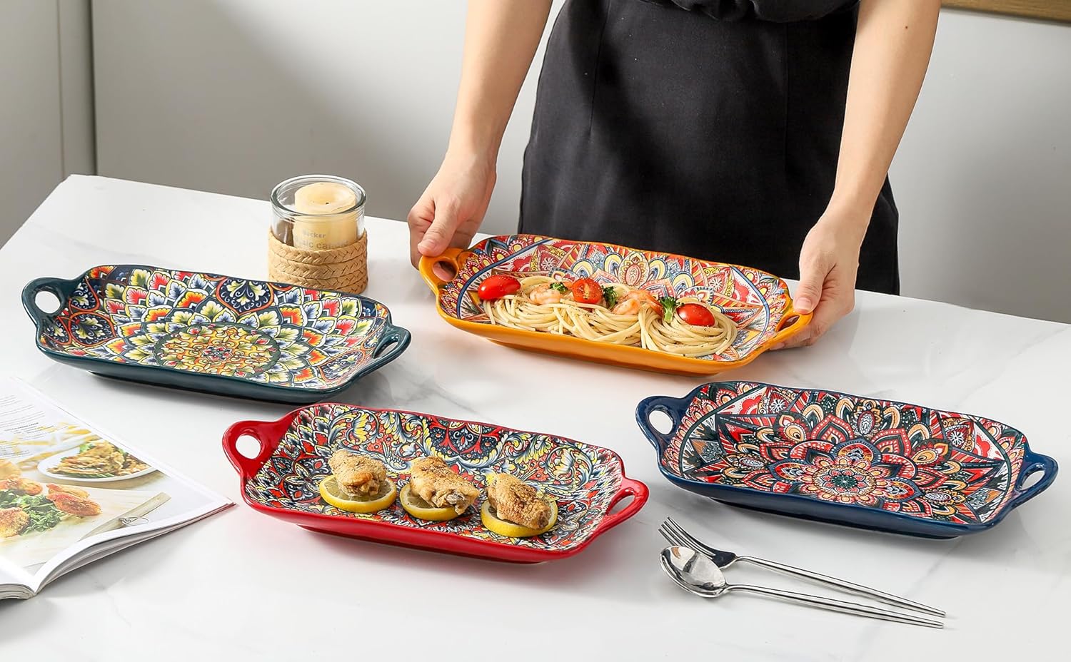 125-inch Double Handle Ceramic Plates Set of 4