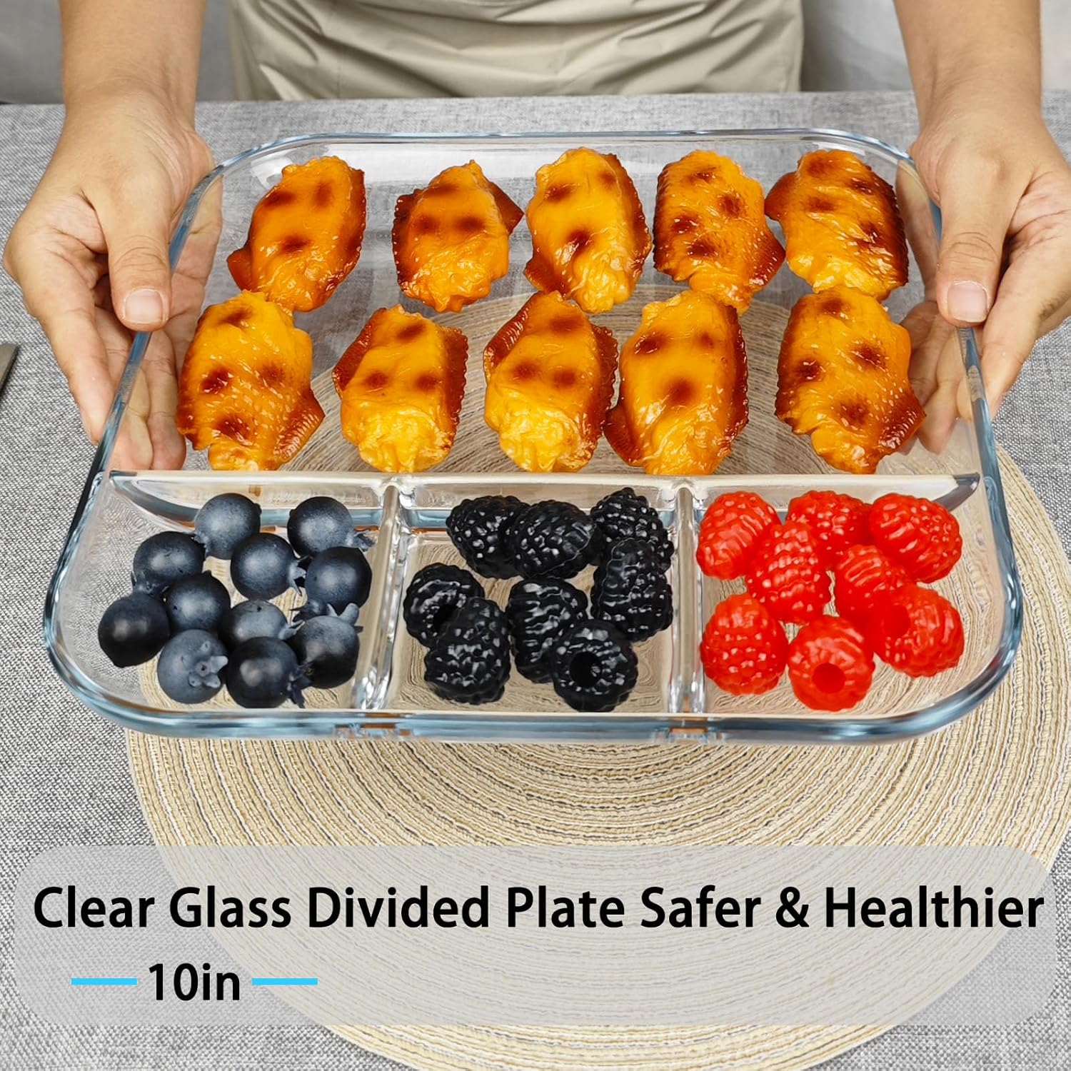 10 in 10-inch Square Glass Divided Plate for Adults