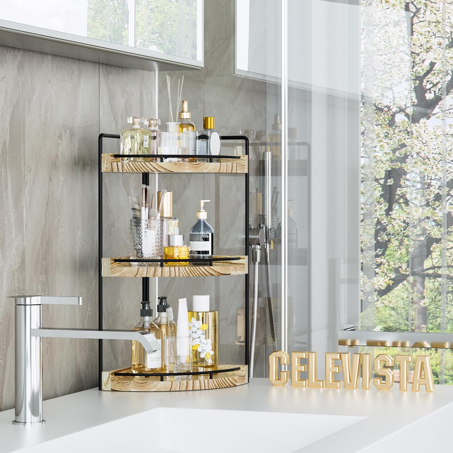 CeleVista Corner Bathroom Organizer 3 Tier Rustic Brown