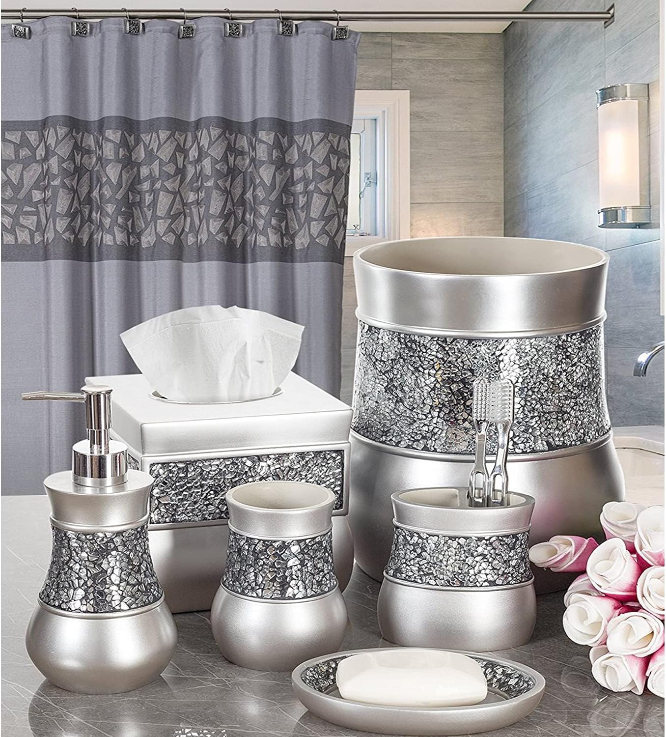 Crackled Glass Toilet Brush with Holder - Silver - Compact Durable