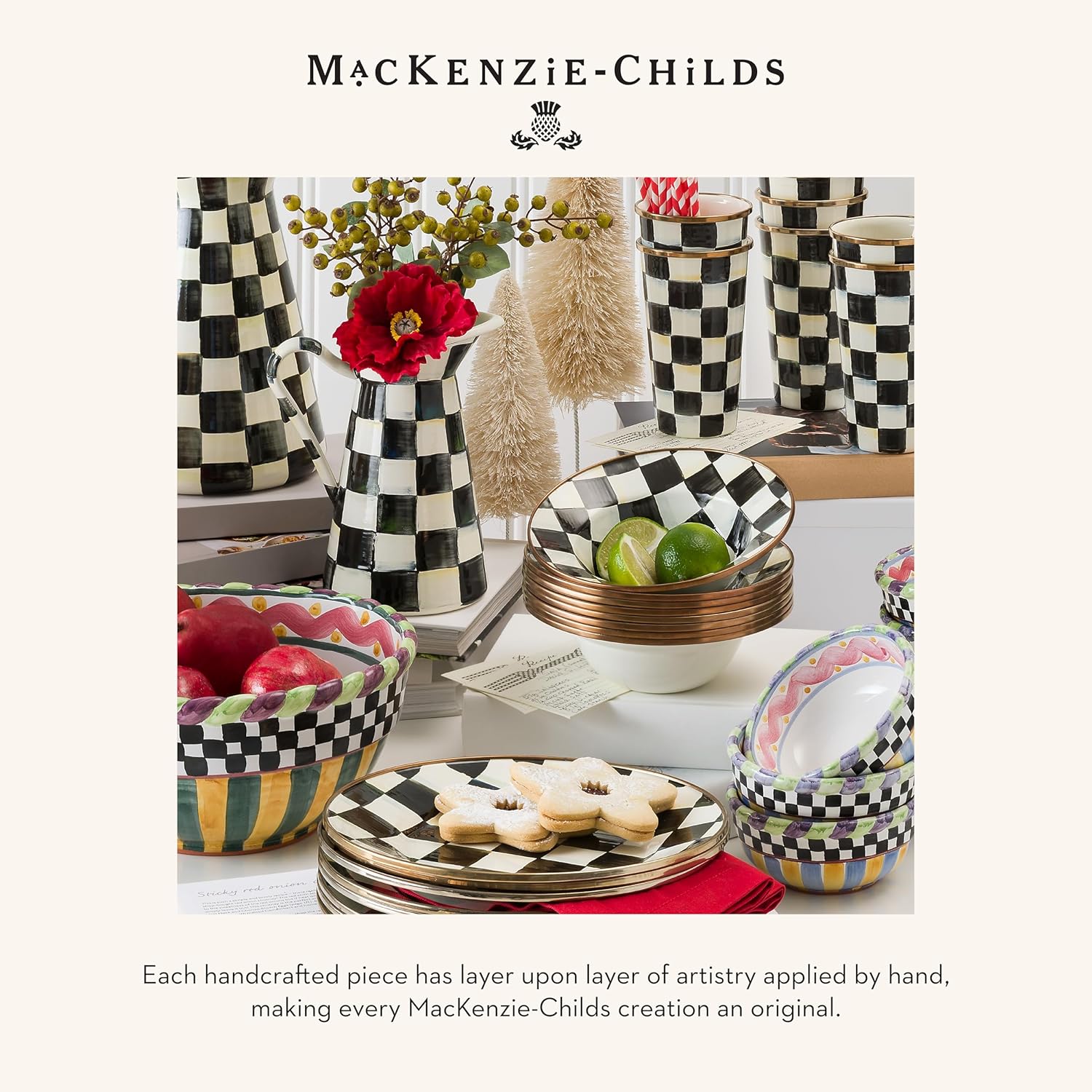 Mackenzie-Childs Enamel Dinner Plate Elegant Black-and-White Courtly Check